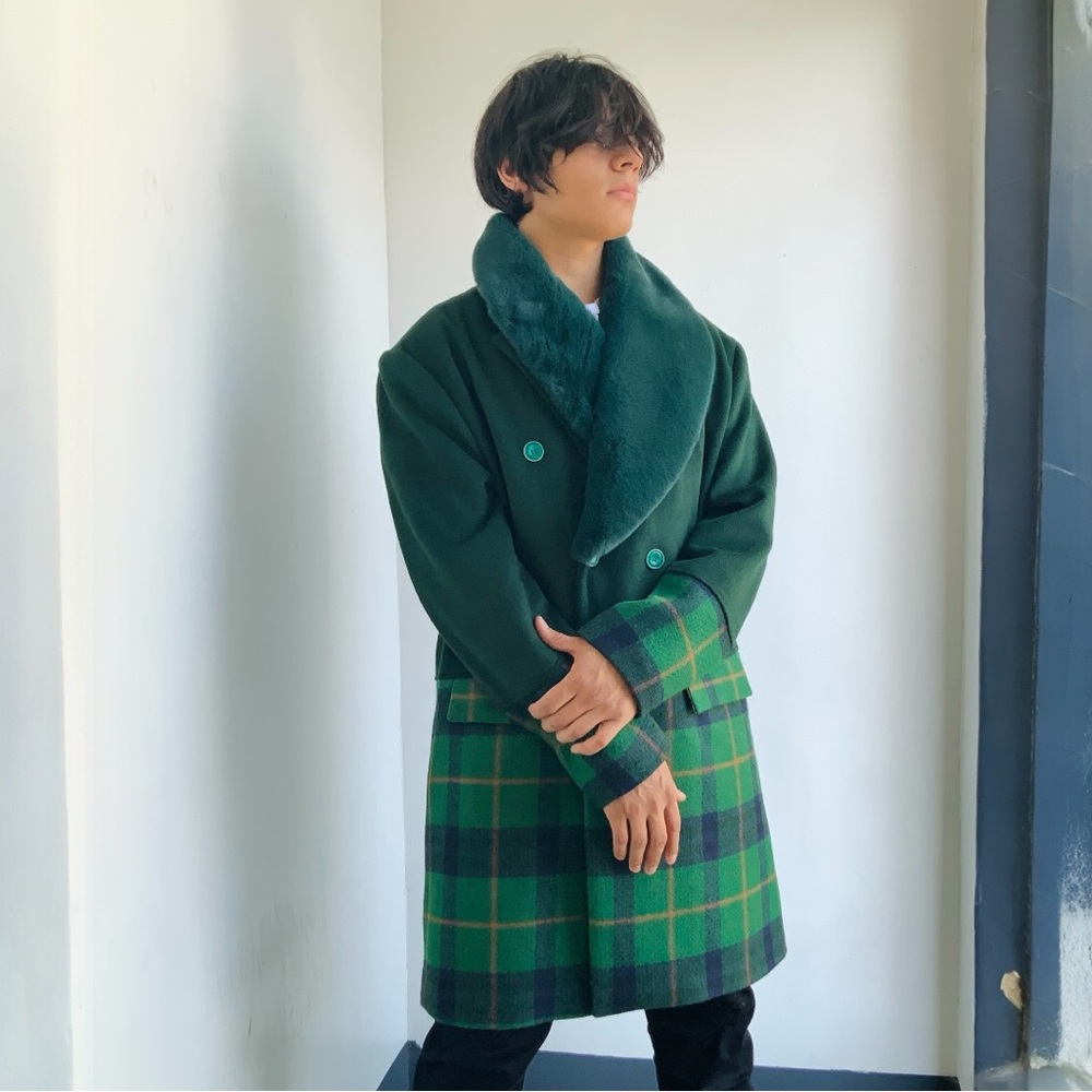Men's Manzini Green Solid Plaid Faux Fur Overcoat NWT